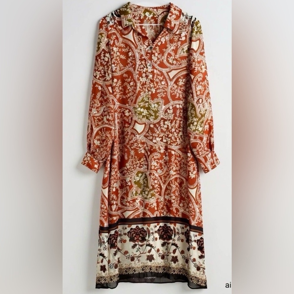 1.STATE Rust Floral Paisley Button Front Shift Dress M Pockets